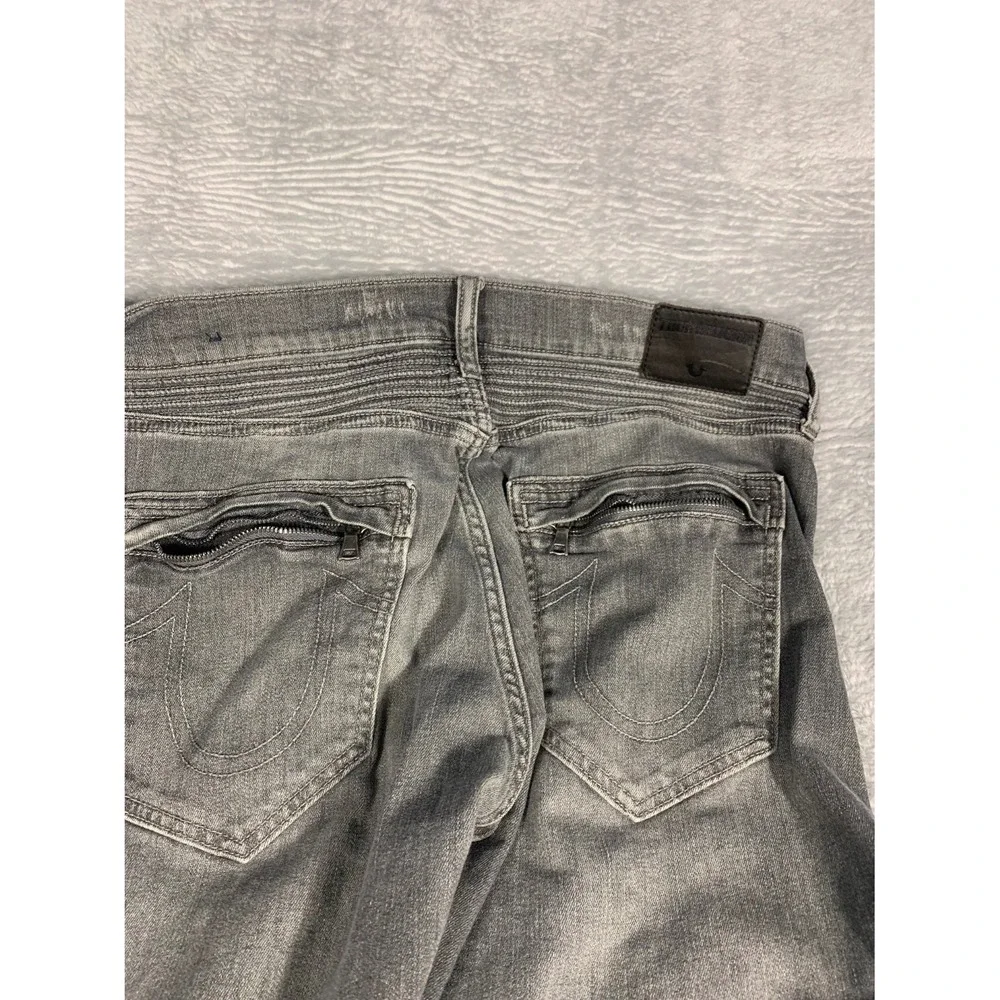 True Religion Biker Jeans Geno Mens 34x34 Gray Denim Moto ribbed knees